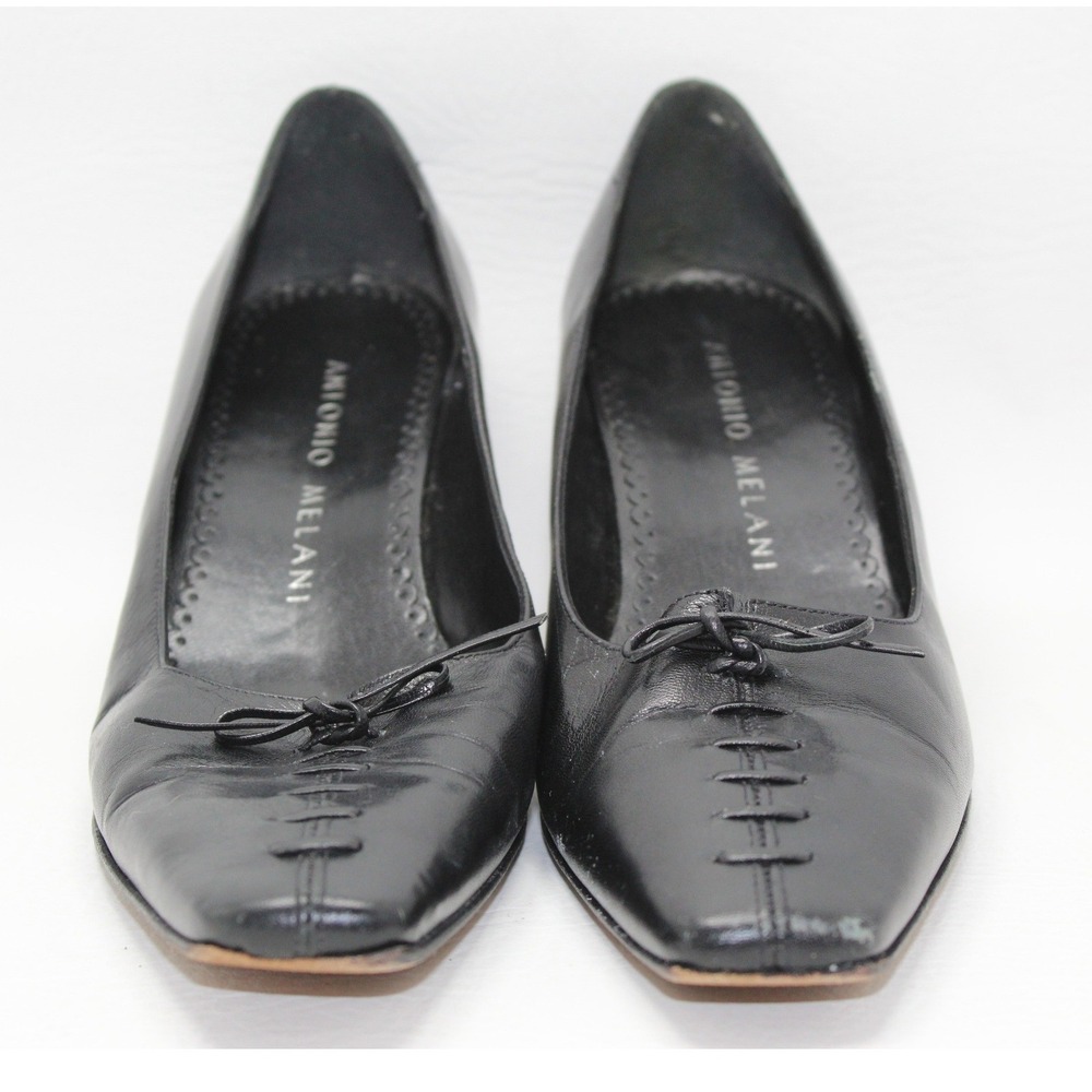 Antonio Melani Black Leather Square Toe Lace Up Kitten Heel Pumps Womens 8M